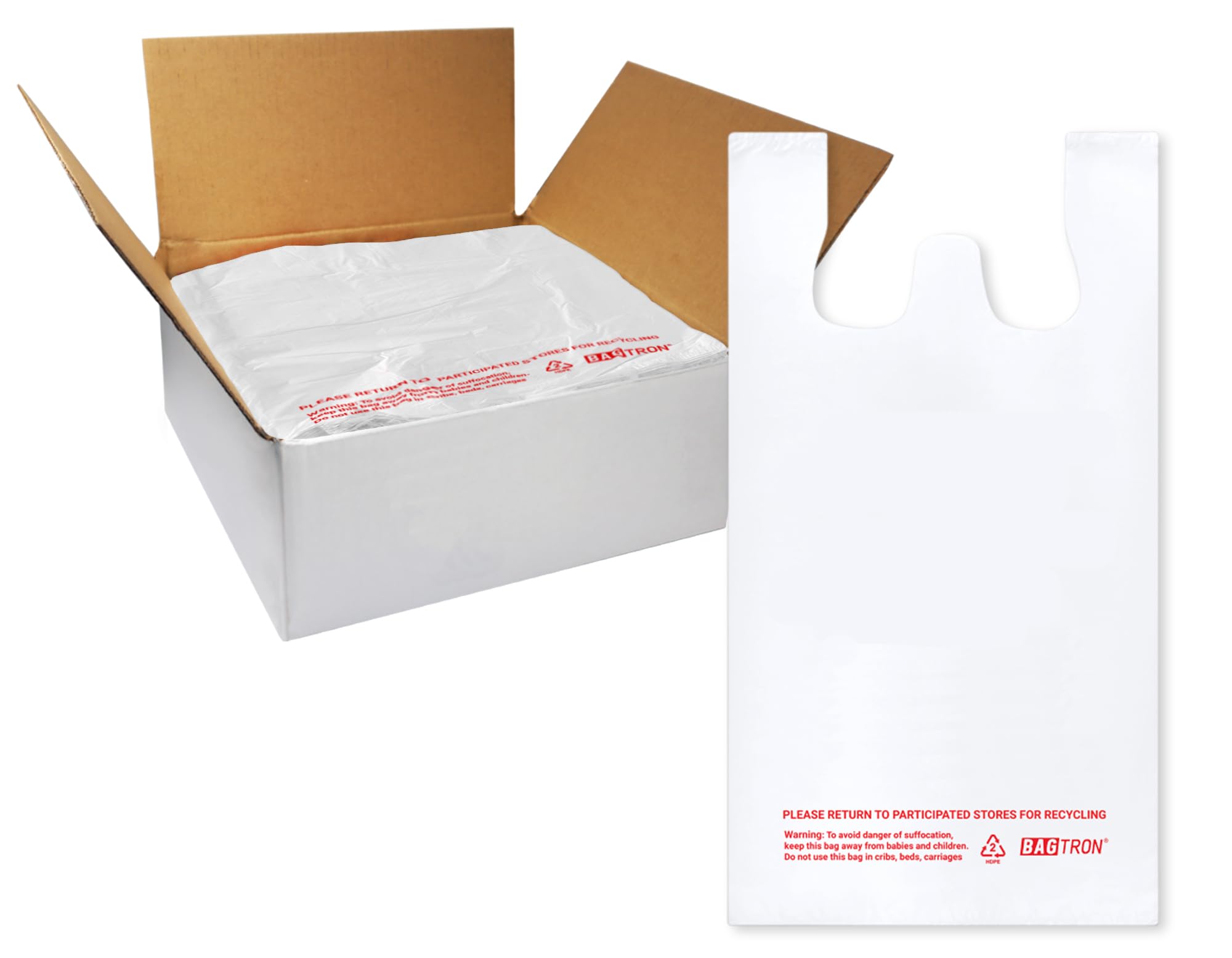 Bagtron T-Shirt Carry-Out Bags, Disposable Plastic Bags with Handles for Shopping and Restaurant, 1/8 Barrel, 0.51 Mils, White, 10" x 5" x 18", 1000