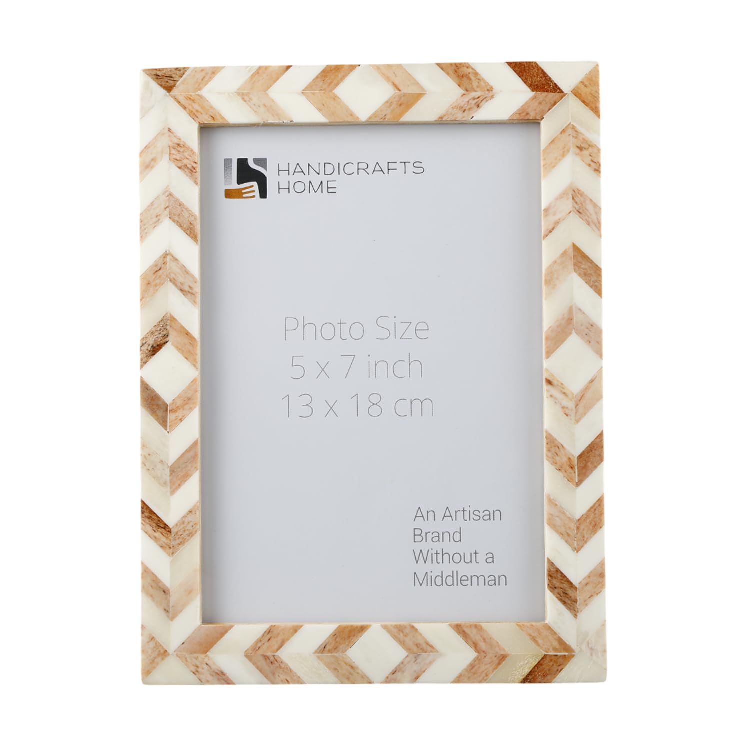 Handicrafts Home Chevron Mosaic Picture Frame 5x7, Handmade Bone Inlay 5 by 7 Photoframe for Home, Tabletop/Wall Decor, Christmas,Gift, Holiday, Boho Chic Coastal Farmhouse, Desk & Shelf - White-Brown