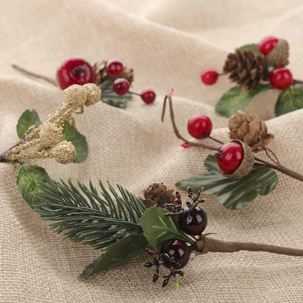 20Pcs Christmas Pine Picks with Red Berries and Pine Cones Artificial Berry Picks for Christmas DIY Crafts Gift Package Party Flower Arrangements Wreaths and Holiday Decorations