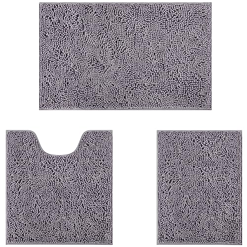 Homeideas 3 Pieces Bathroom Rug Set, Ultra Soft Non Slip Absorbent Chenille Mat, Grey, Plush Mats For Tub, Shower #TOP5
