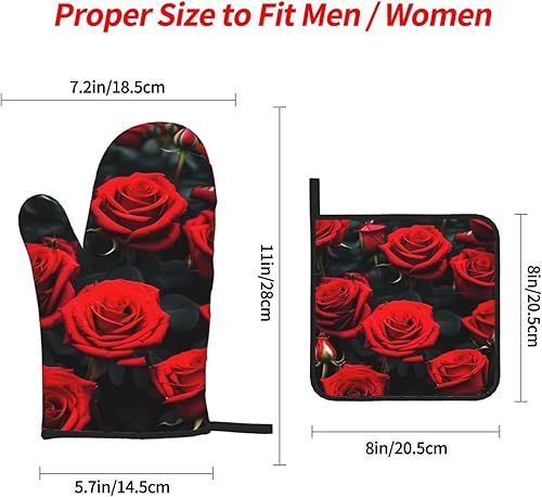 Miniatura 4 de Juego de manoplas y salvamanteles antideslizantes para horno y salvamanteles con diseño de rosas rojas, resistentes al agua, para hornear a la