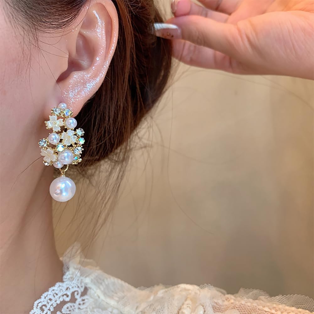 Pearl Round Bead Dangle Earrings for Women Shiny Rhinestone Flower Pearl Statement Earrings Crystal Pearls Drop Charm Earring Jewelry Wedding Gifts - Image 3