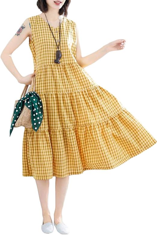 Amazon Co Jp Bscool ワンピース 綿 麻 ノースリーブ チェック柄 着痩せ ゆったり ティアードワンピース 袖なし 韓国 大きいサイズ ファッション フレアワンピース 夏 服 ファッション小物