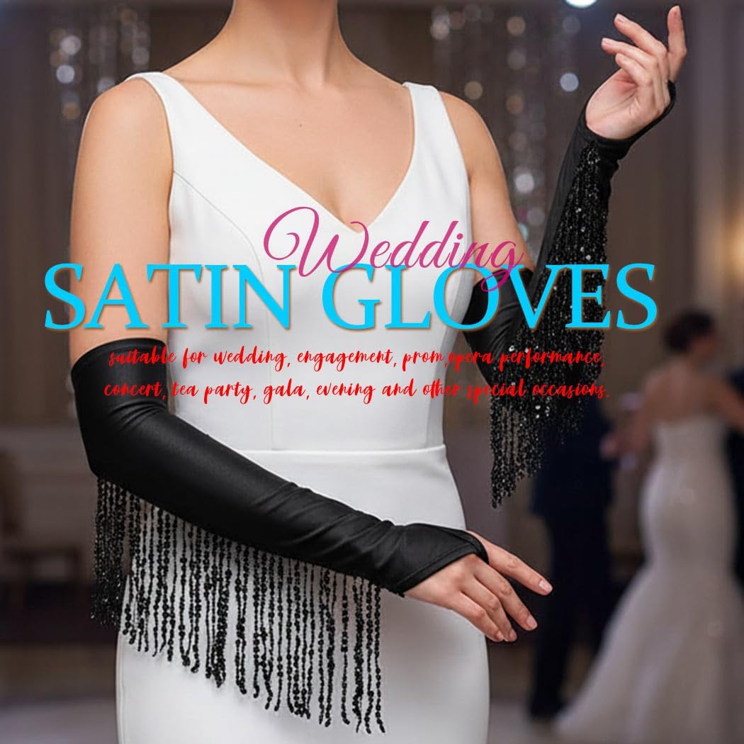 CASDRE Long Fingerless Satin Gloves Sequin Tassel 1920s Opera Gloves Elbow Length Halloween Cosplay Glove for Women and Girls - Image 4