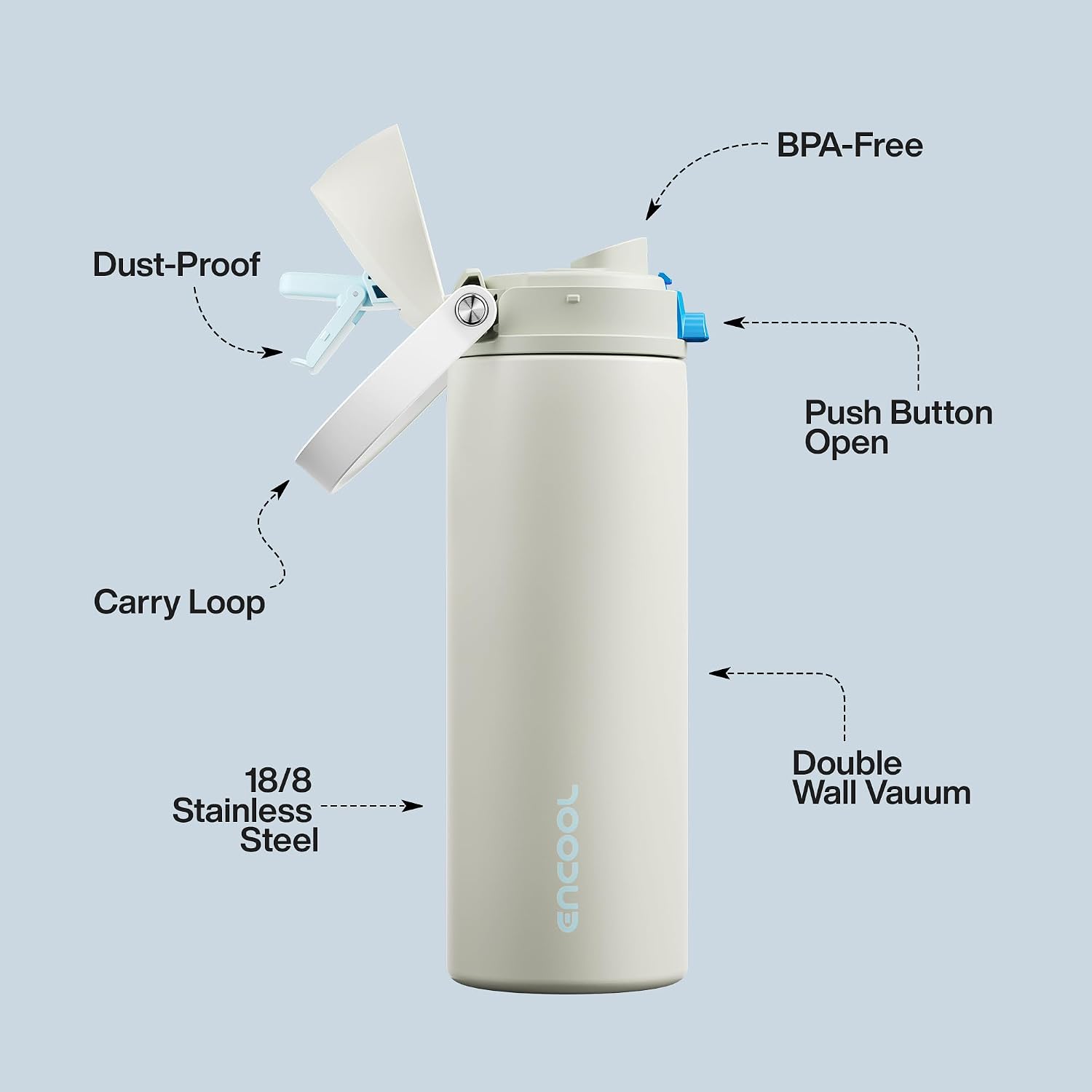Insulated Water Bottle with Straw - Encool Stainless Steel Water Bottle with Push Button Lid, Leak-Proof & BPA-Free, Keeps Cold for 24 Hours for Sports, Travel, Gym (24 oz, Kangaroo Grey)