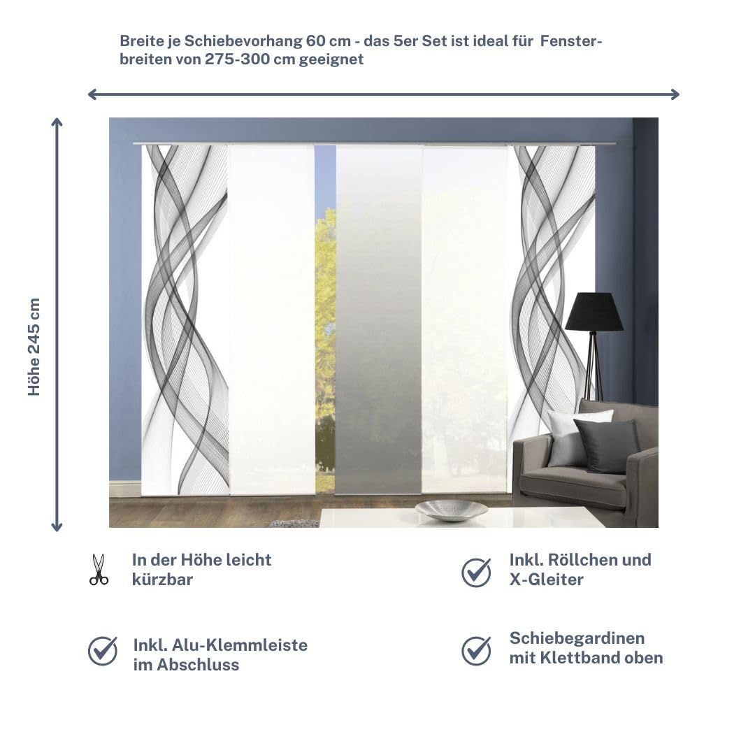 5er-Set Flächenvorhang, Deko Blickdicht, Mariella, Höhe 245 cm, 2X Dessin grau / 2X Uni weiß Blickdicht / 1x Farbverlauf grau