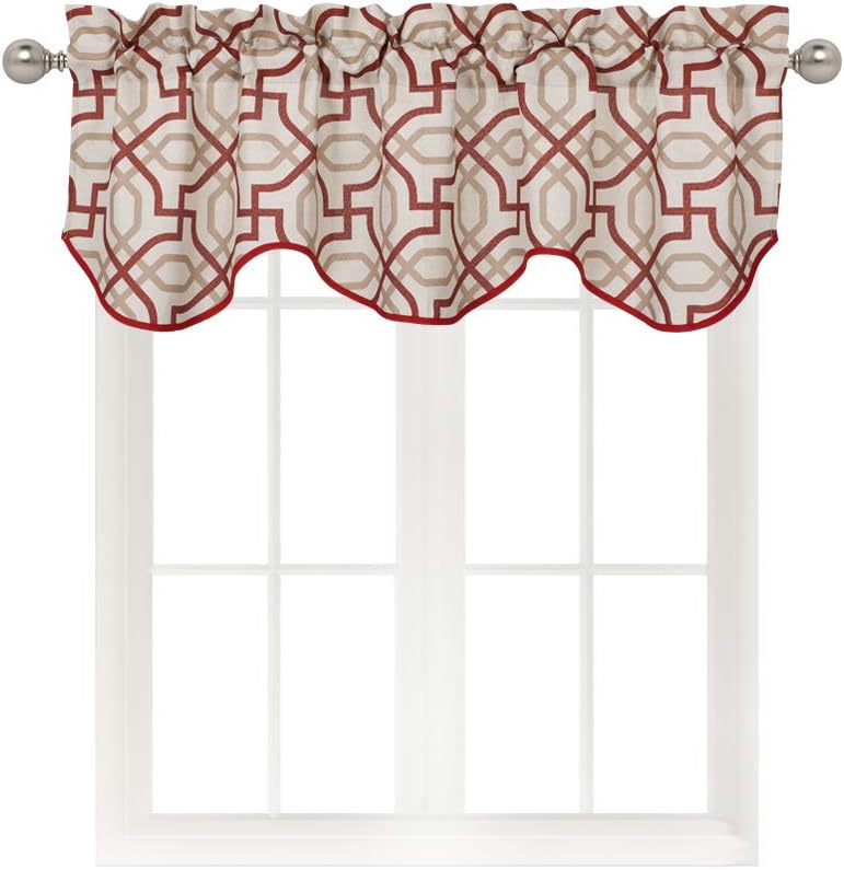 Home Queen Rod Pocket Print Curtain Valance Window Treatment for Living Room, Short Wave Drape Valance, Set of 1, 54 X 18 Inch, Red