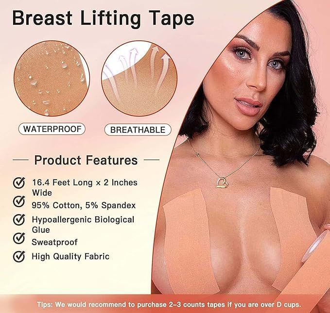 NIMIT SALES Boob Tape with Silicone Nipple Cover Multipurpose Body Tape for Women Push Up & Lifting Breast Tape Breast Lift Bra Tape for Nipple Cover Reusable Beige 3