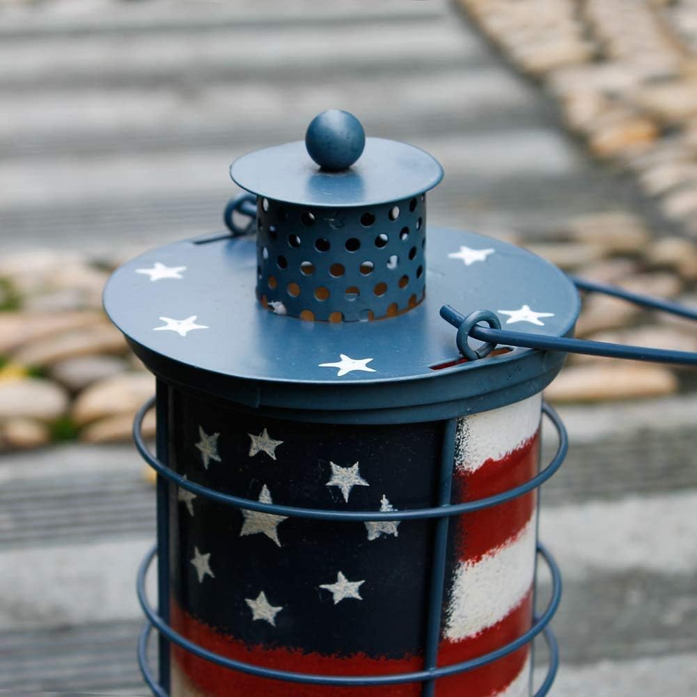 4th of July Vintage Metal American Flag Vintage Tealight Lantern Holder July 4th Lanterns Door Table Top Mantle Garden Patio Porch Indoor Outdoor Patriotic Decor