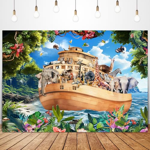Glawry Noahs Ark Birthday Decorations Backdrop 7Wx5H Feet Safari Animal Baby Shower Banner Jungle Sign Tropical Leave Woodland Wildlife for Newborn Party Decor Photo Booth Props Supplies