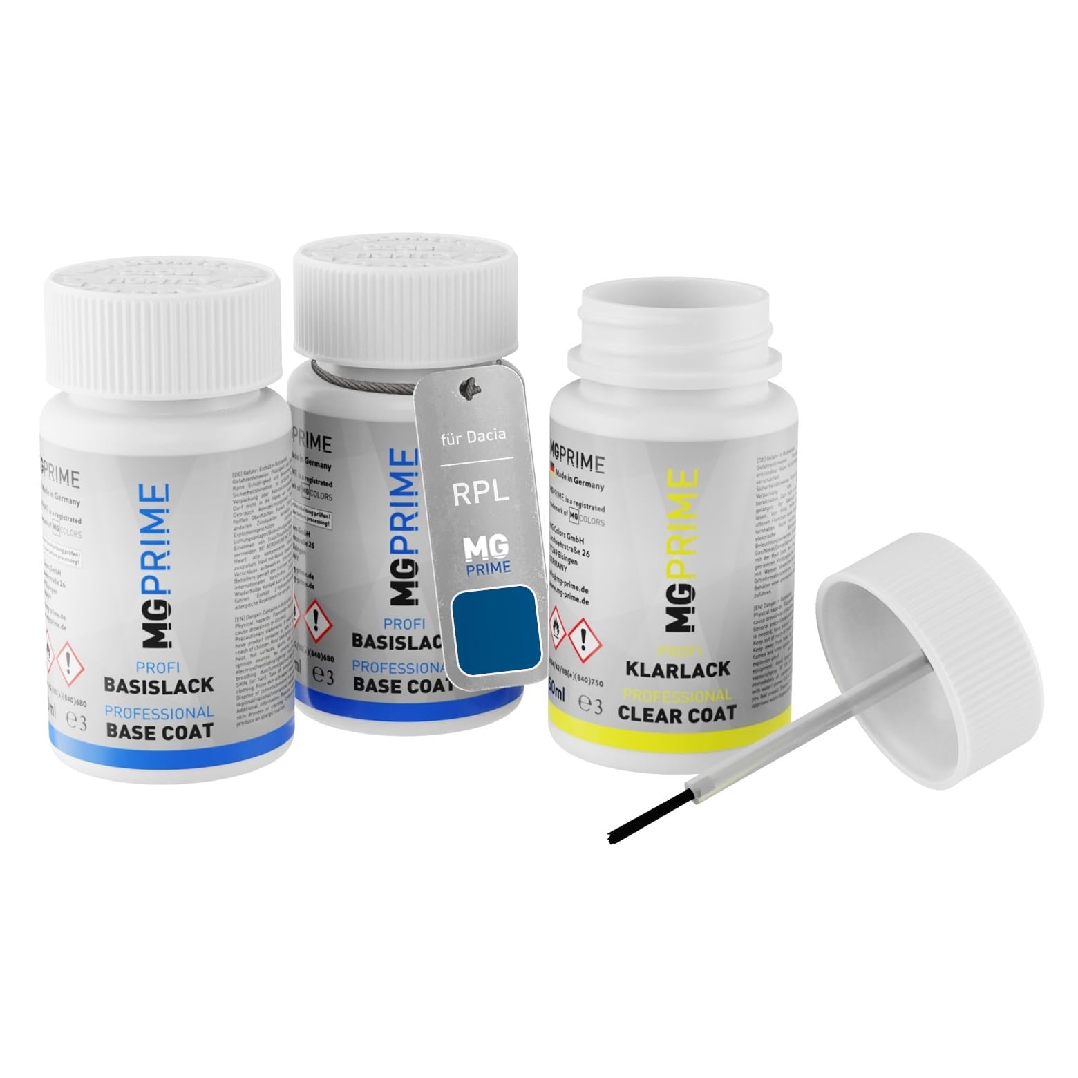MG PRIME Autolack Lackstift Set für Dacia RPL Bleu D'Azurite Metallic/Adria-Blau Metallic Grundlack Basislack Klarlack je 50ml