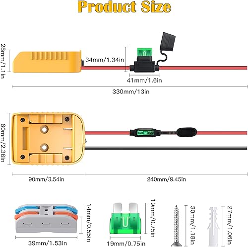 Miniatura 7 de Paquete de 2 adaptadores de ruedas eléctricas para Dewalt Adaptador de batería de 20 V con interruptor, fusible y terminales de cable, cable de 12