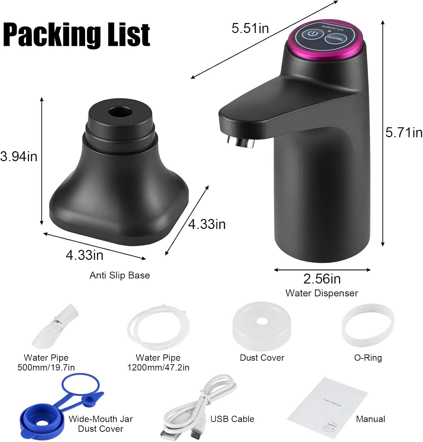 Water Pump for 5 Gallon Jug, Electric Water Dispenser, USB Rechargeable Portable Automatic Pump with Mobile Base for RV, Camping, Home, Office - Black - Image 7