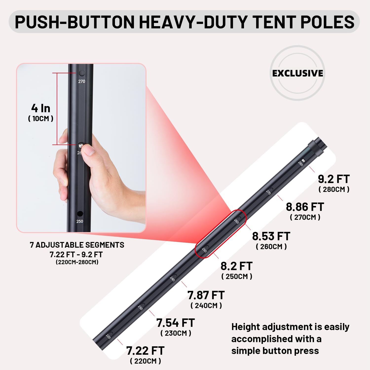 Tarp Poles Heavy Duty Adjustable - AVOFOREST 9.2FT Aviation Aluminum Telescoping Tent Poles, Wind-Resistant Awning Collapsible Poles with Protection Cap for Large Canopy - RV - Beach Tents (Set of 2)