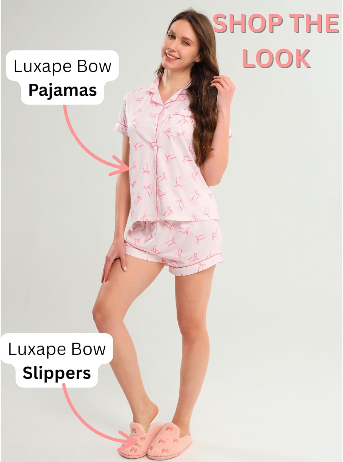 Bow Pajama - Coquette Women's 2-Piece Pajama Set, Bow Graphic Short Sleeve Button-Down Lapel Shirt & Shorts - Image 8