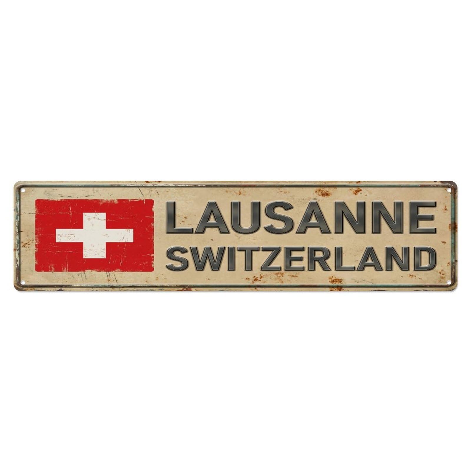 Okahys 4X16inch(10X40cm) Vintage Lausanne Switzerland Flag Decor Rustic Travel Metal Tin Sign