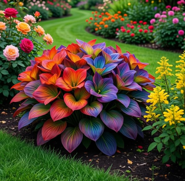 Multi-Colored Variegated Hosta, Easy to Care for, Ideal for Layered Landscaping in Gardens and Flower Borders Hardy Perennial, Excellent Display-4 Bulbs-C