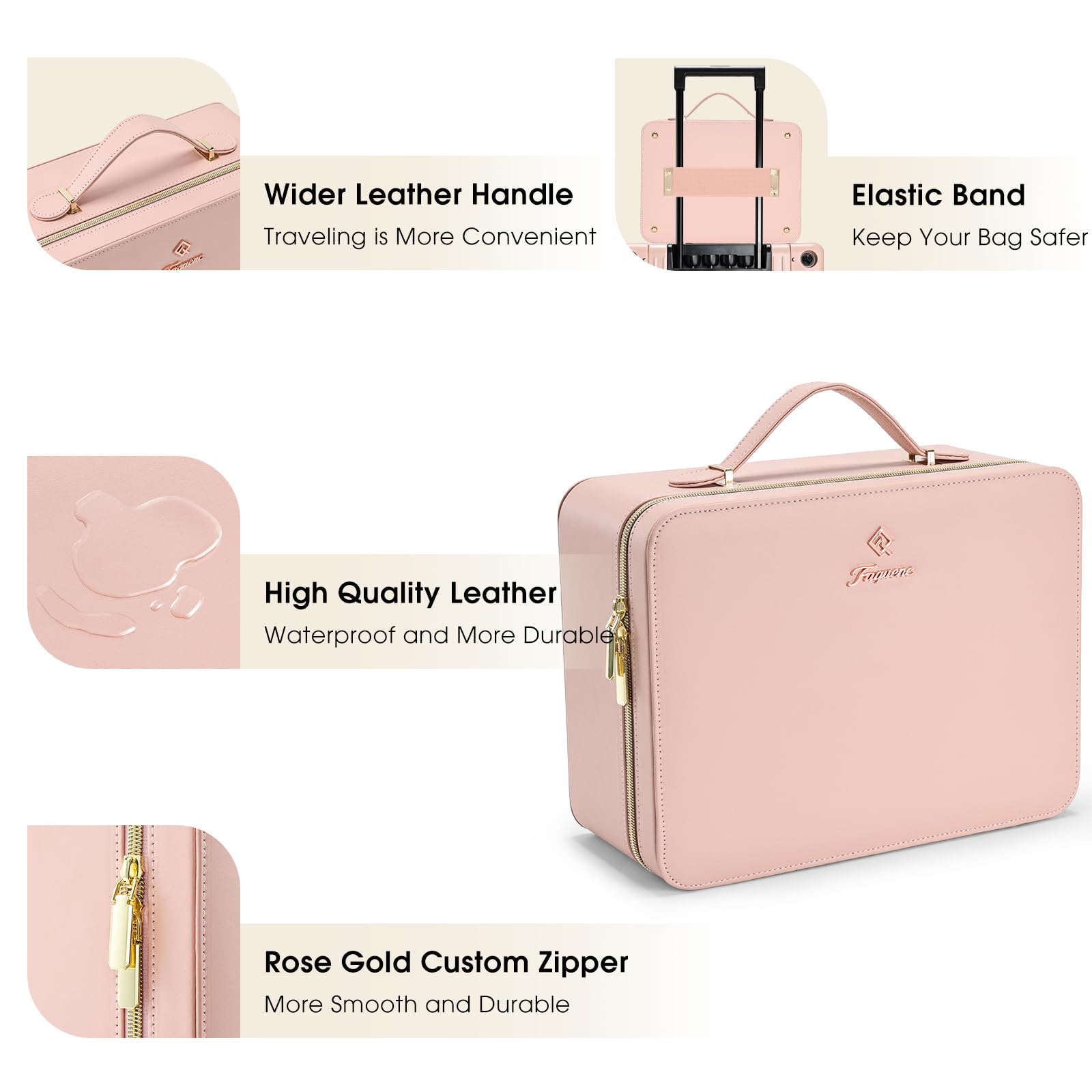 Grande trousse de maquillage avec miroir LED - Miroir lumineux amovible - En cuir synthétique - Portable - Boîte de transport avec séparateurs et porte-pinceaux de maquillage, rose, Classique