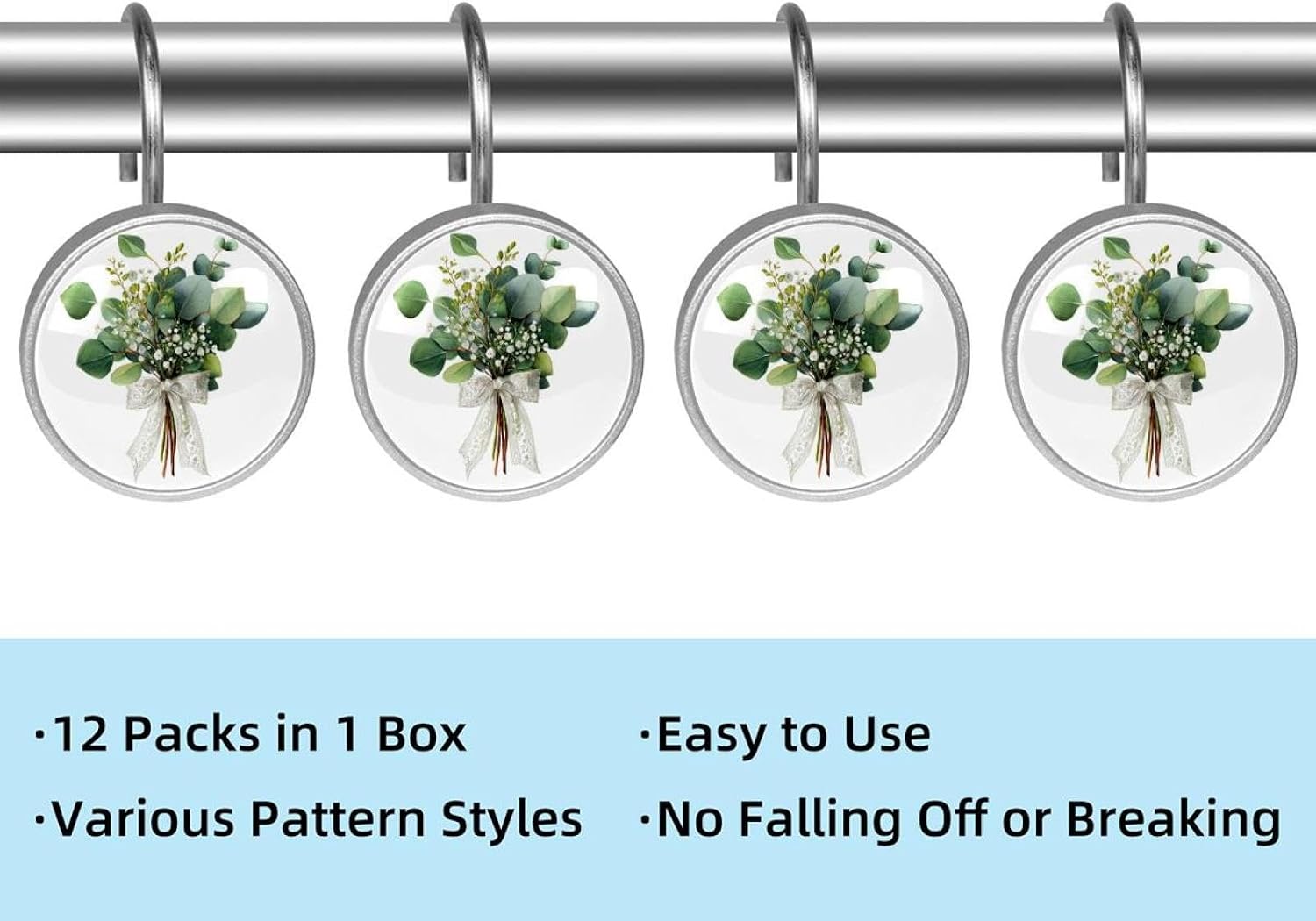 Set of 12 Shower Curtain Hooks, Shower Curtain Rings Crystal Glass Decorative Bathroom Hook, Eucalyptus gypsophila and Pistachio bran (2)