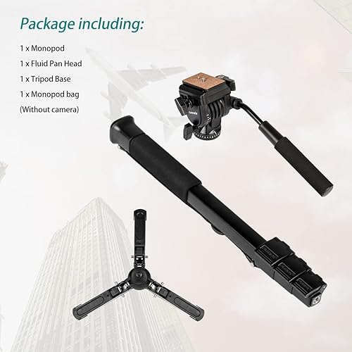 Miniatura 7 de Monopod extensible de aluminio para cámara con cabezal fluido y base de trípode plegable para cámara DSLR. Altura máxima de 58 pulgadas. Carga útil