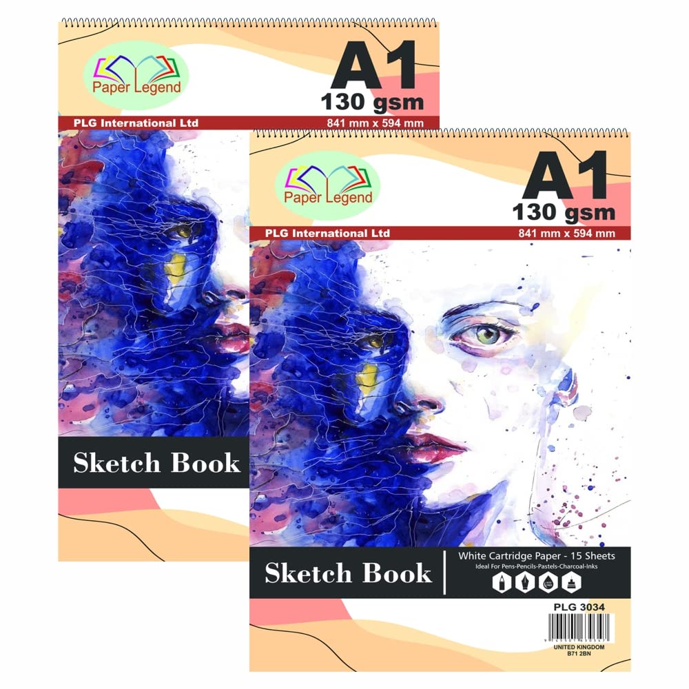 Tenlite White [Set Of 2] Large A1 Drawing Pad, 15 Sheets Of 130 Gsm Paper, Spiral Bound Artist Sketch Pad Book, Durable Acid Free Sketch Paper, Beginners & Experts. (A1)