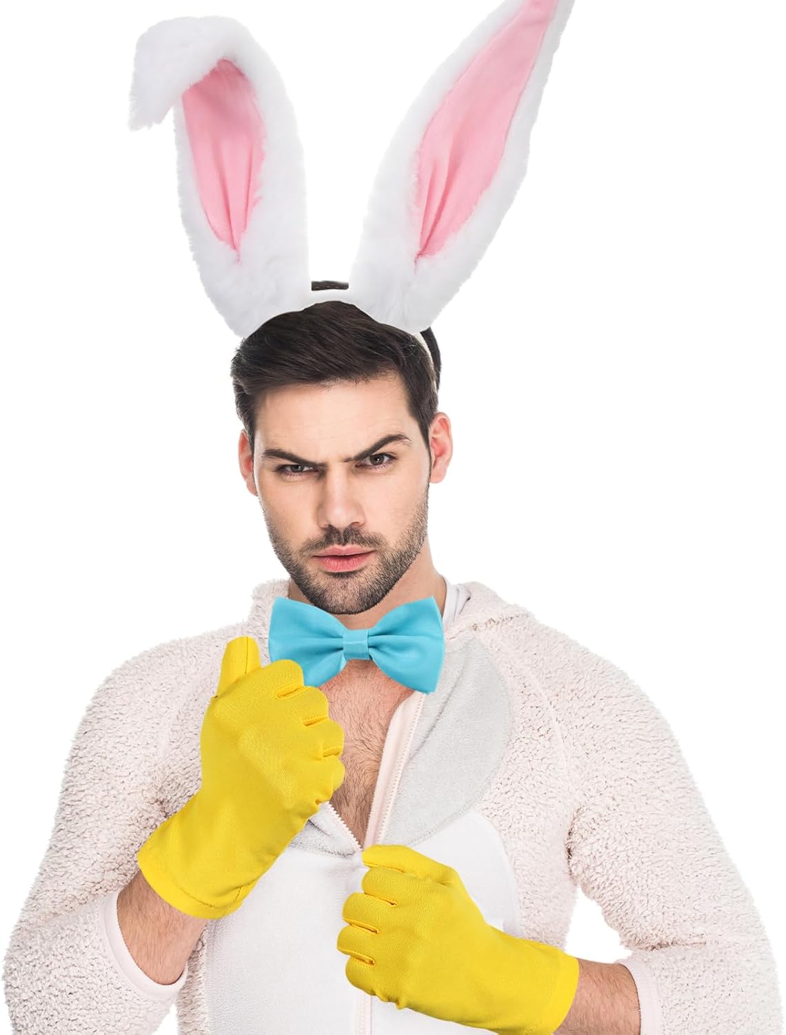 Lyrow 6 Pcs Easter Bunny Rabbit Costume Accessories for Adults Women Men Couples Include Red Wig Bunny Ears Headband Bow Tie Y Back Suspenders Long Purple Gloves Yellow Gloves for Rabbit Cosplay Set - Image 6
