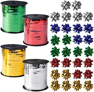JOYIN Christmas Ribbons Set 4 Rolls of Curling Ribbons with 30 Pcs Bows for Hair Ribbon, Gift Wrapping Ribbon, DIY Ribbon for Crafts