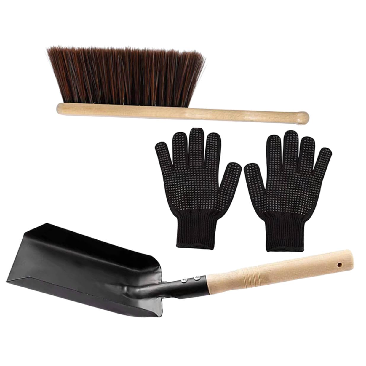 OUNONA Set di Accessori per Caminetto Paletta in Acciaio e Spazzola in Silicone Setole Marroni, Impugnatura Comoda e Design Portatile per Pulizia Stufa a Casa