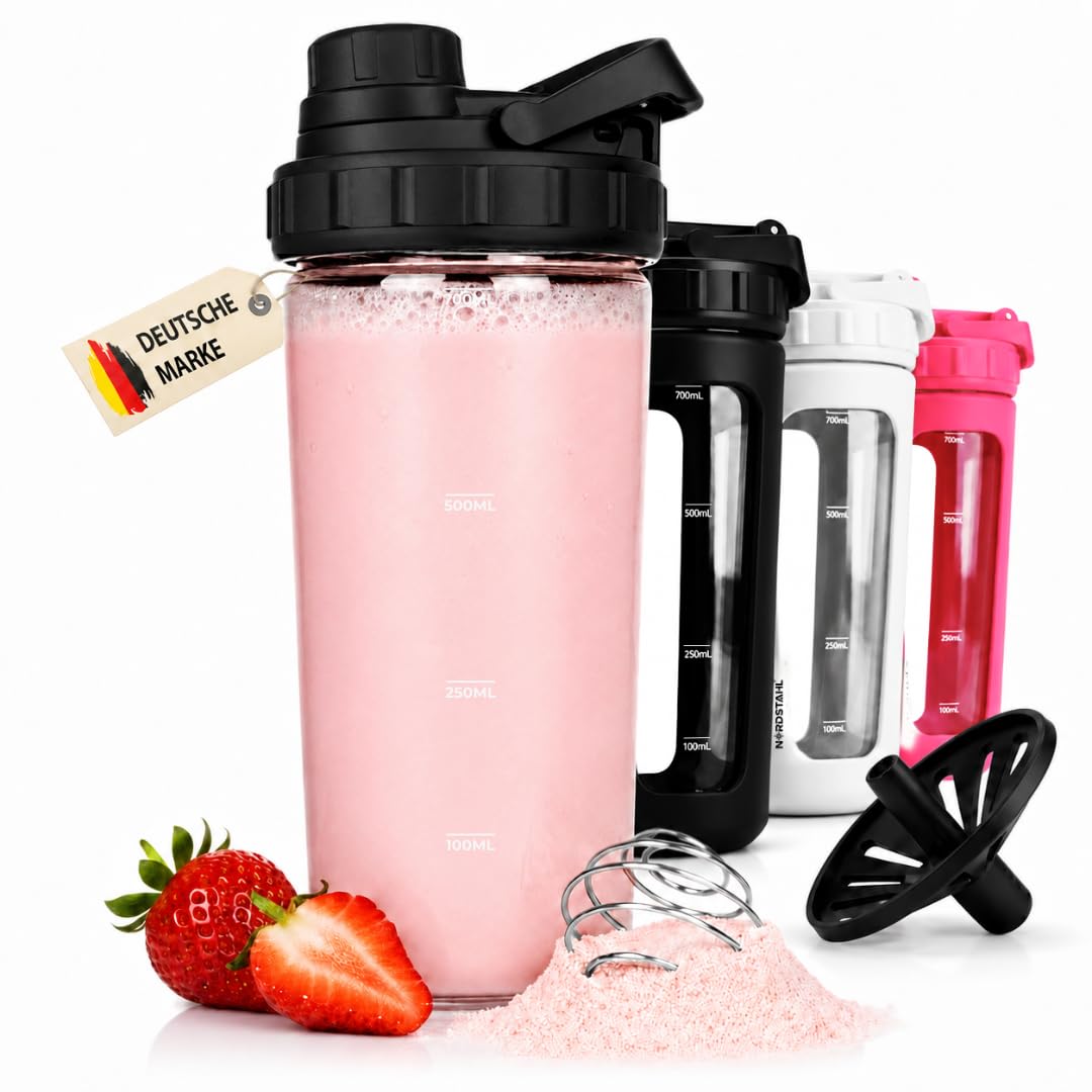 Glas Shaker 750 ml [PREMIUM] | Proteinshaker mit Mischnetz & Skala | BPA-Frei & auslaufsicher | spülmaschinenfest | robustes Spezialglas (Obsidian-Schwarz)