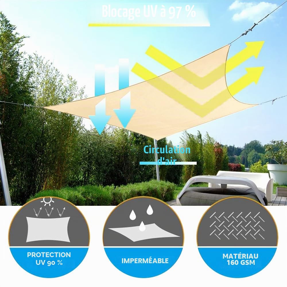Voile d'ombrage rectangulaire avec œillets, 3 x 4 m, avec Fixation, pour Balcon, Protection Anti-UV et résistant aux intempéries, pour terrasse, Jardin, Piscine