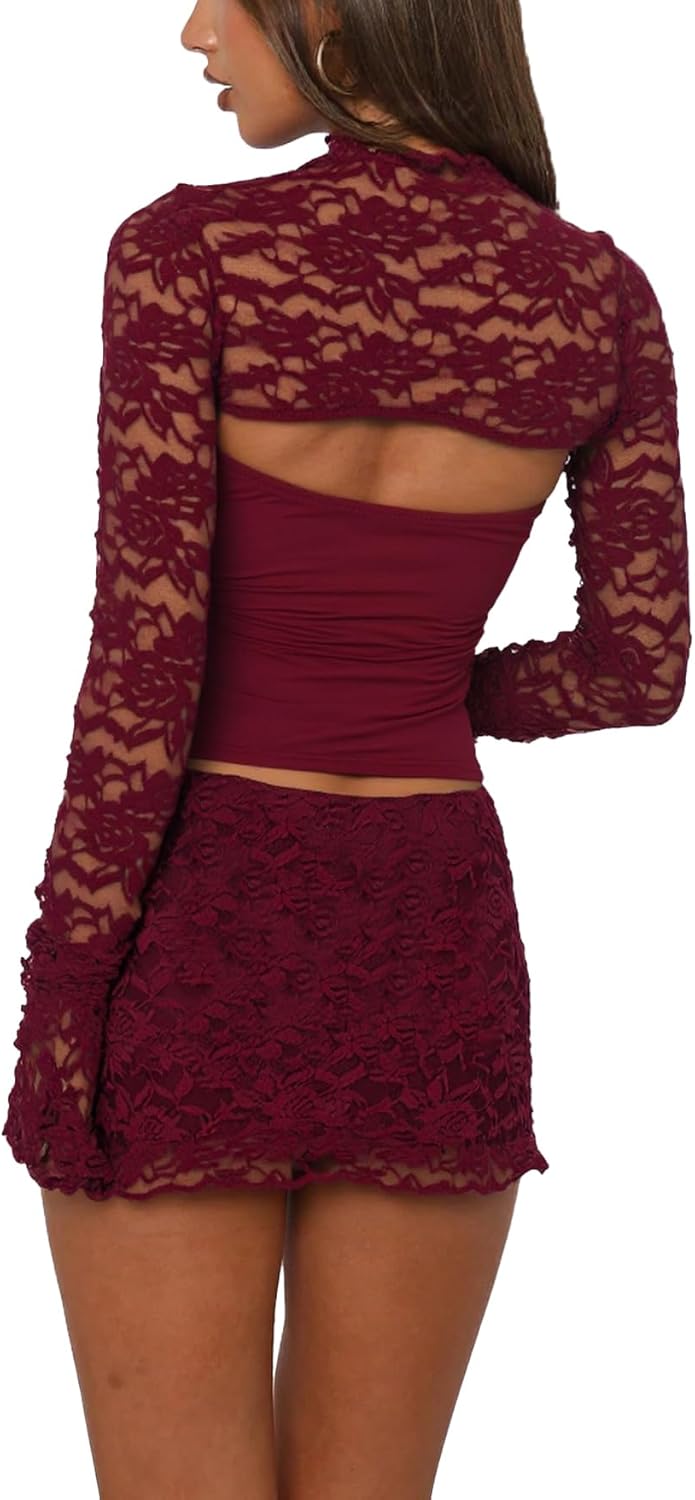 Womens Sexy 2 Piece Mini Skirt Set Long Sleeve Lace Cutout Top Double Lace Mini Bodycon Skirt Y2K Going Out Outfits - Image 3