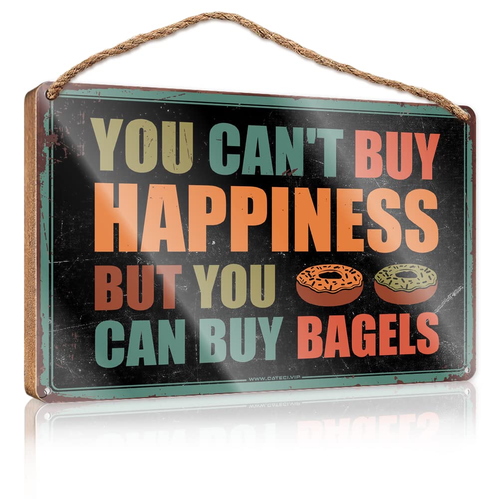 Dtha One Color Home Signs For Front Porch You Can't Buy Happiness But Can Bagels Wooden Sign Door Sign For Bedroom Hippie Decor(23X35cm)