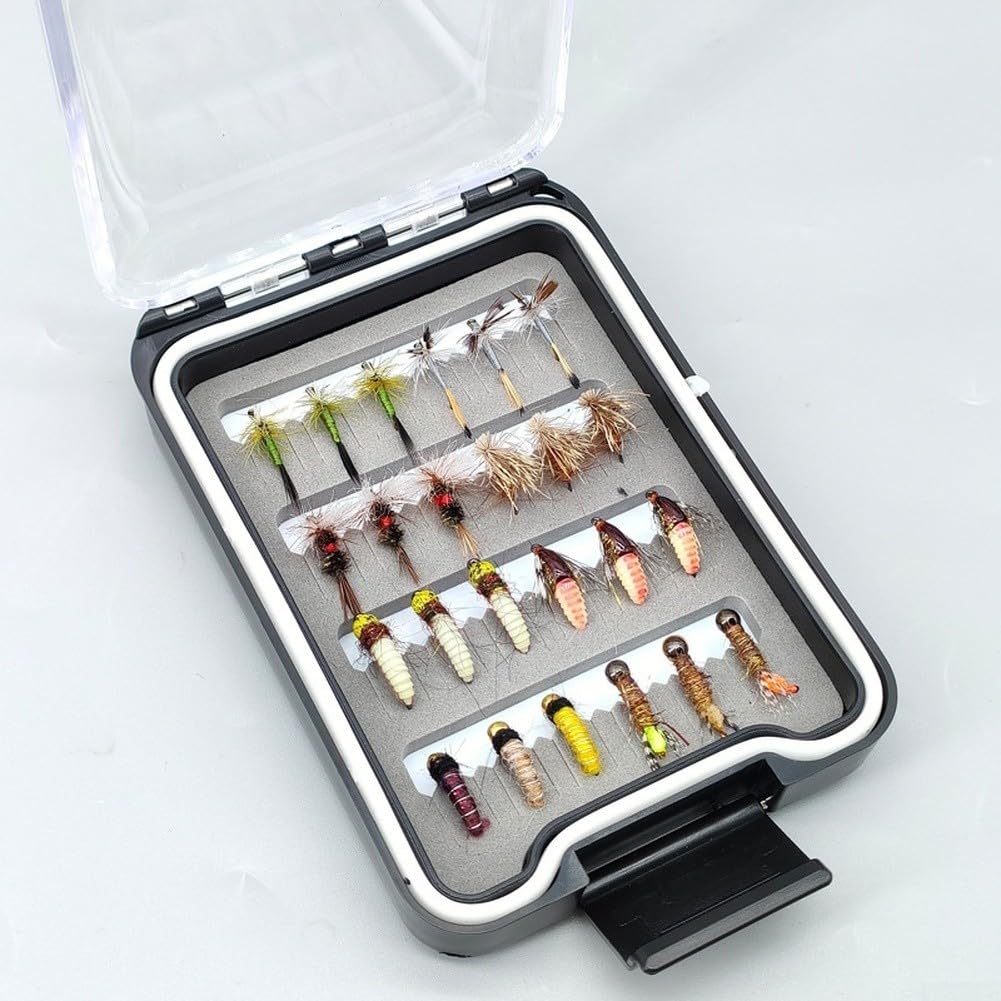 Mosche Artificiali Pesca 24pz Dry Wet Nymph Carbonio(Style B 33) | Uncini carbonio affilati, 24 misti, dry wet nymph, scatola , pesca fiume lago
