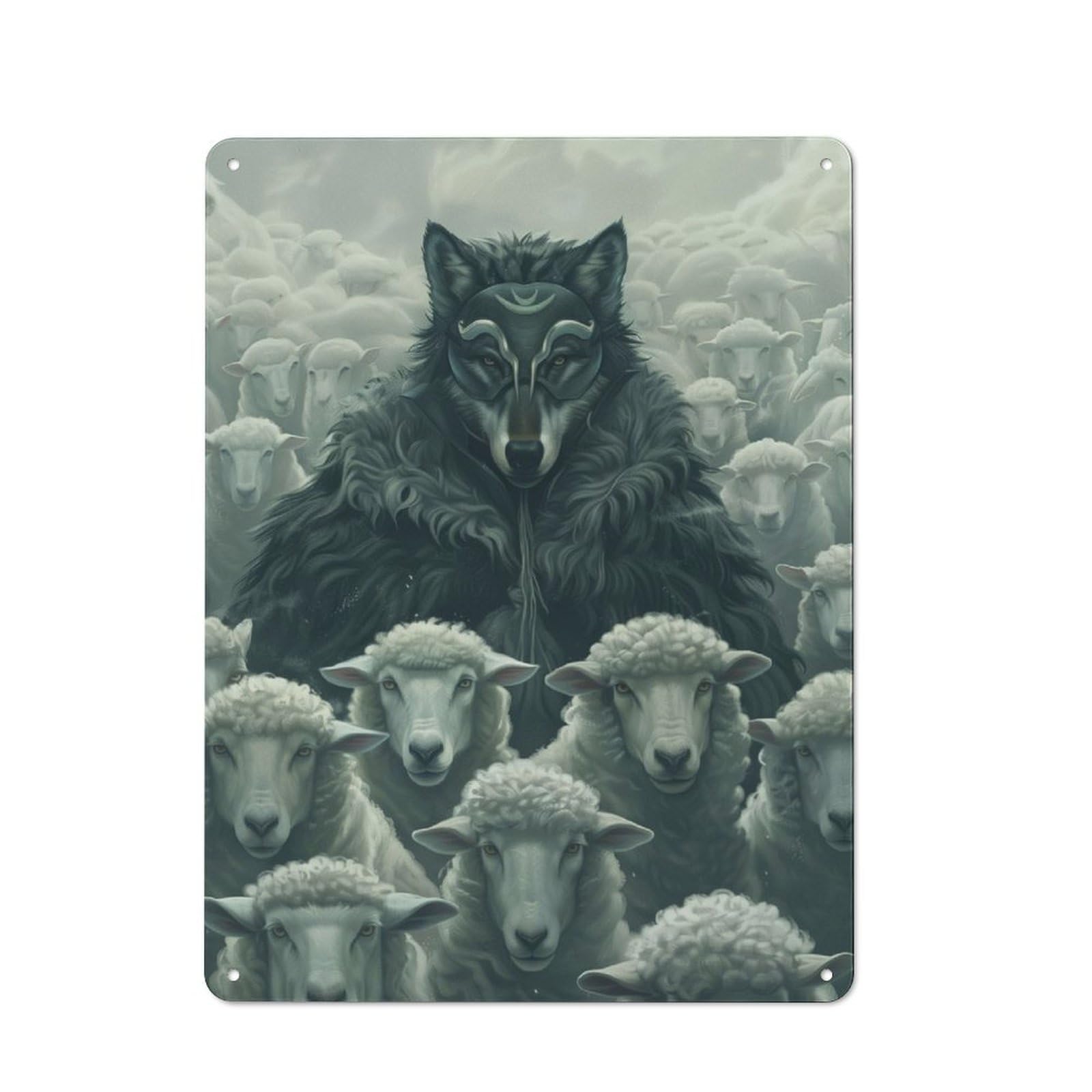 Wolf Mask Sheep Leader Office Metal Sign 40x30cm, Understated Office Wall Decor for Workspace, Cafe, Shop Or Desk Area