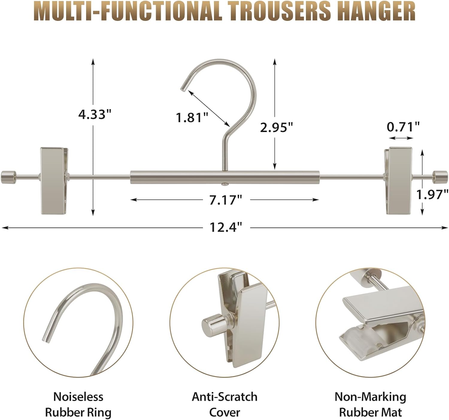 VWV 10-Pack Adjustable Women's Skirt and Pants Hangers, Durable, Space-Saving, Suitable for Jeans, Shorts, Underwear, Sports Bras (Matte Pearl Nickel)