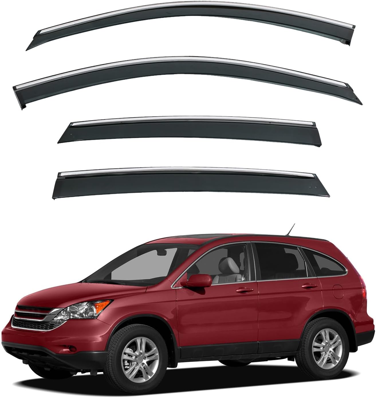 4pcs Sun Rain Guard Vent Compatible with 2007-2011 CRV CR-V Smoke Tint with Chrome Trim Outside Mount Tape On/Clip On Style PVC Window Visor