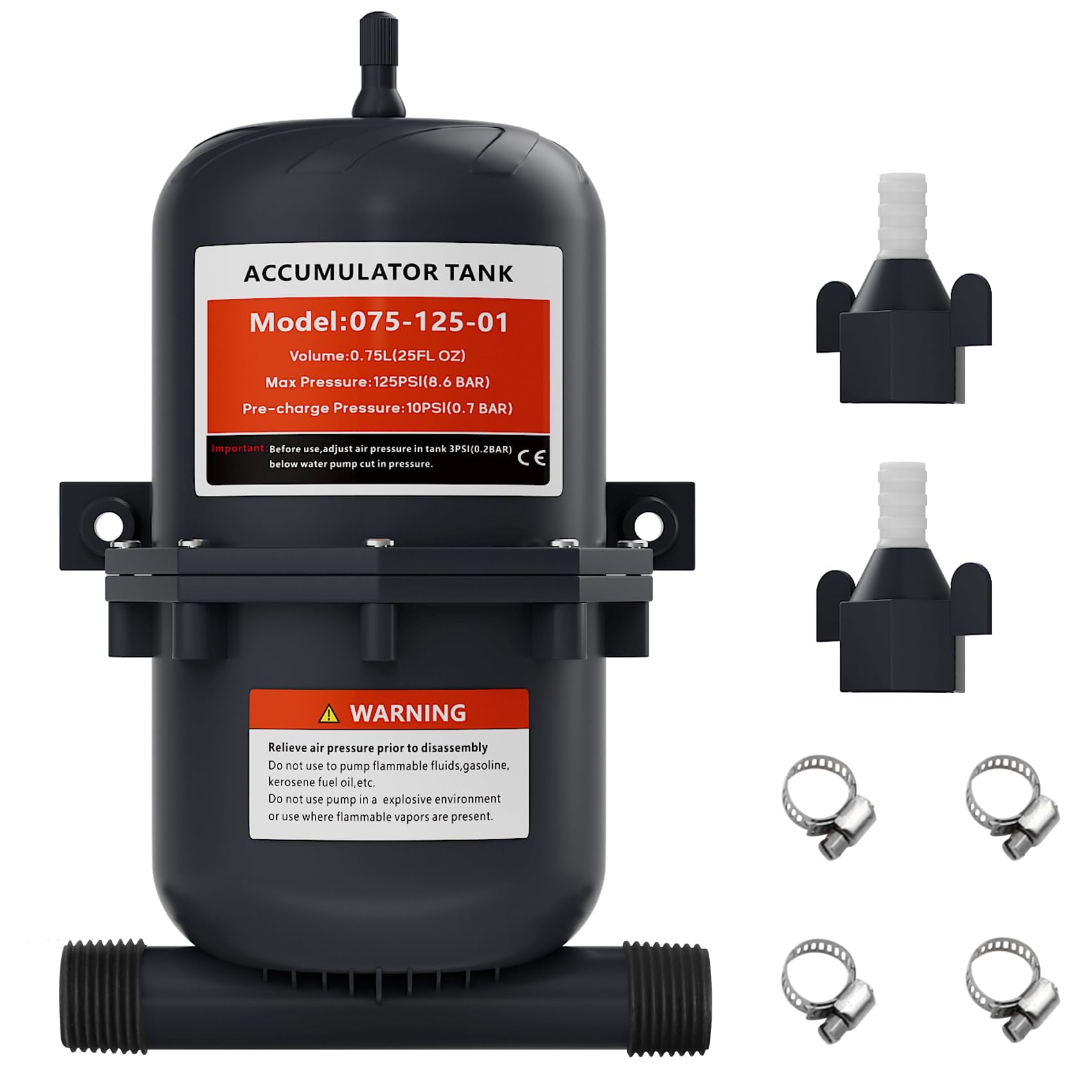 Tanque acumulador prepresurizado, tanque acumulador RV 0.75L Max 125PSI, ajuste de puerto 1/2 MNPT, vejiga interior de control de flujo, ciclo de bomba reducido, adecuado para RV, barco, remolque de