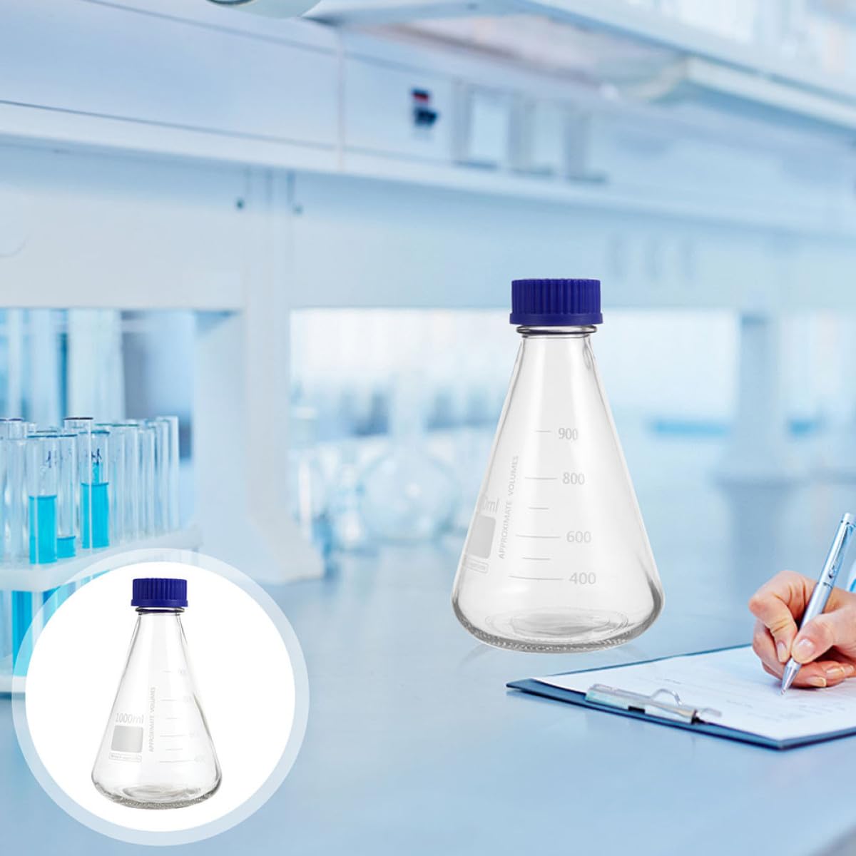 BETOOKY 2 Bottiglie Beuta Conica da Laboratorio 1000ml in Vetro Tappo Blu e Scala Graduata, Fiasche per Esperimenti Chimici per Uso Professionale e Scolastico, Strumenti Scientifici