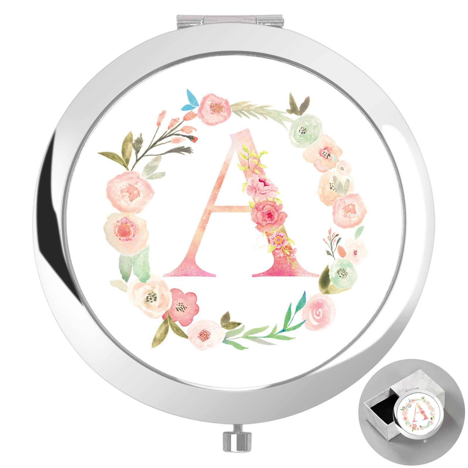 Personalized Gift Initial Compact Mirror w Box for Women Sister Daughter Mom Wife, Floral Monogram Alphabet Silver Small Mirror Ideal Gift on Birthday, Christmas, Graduation (A, Silver)-image-47