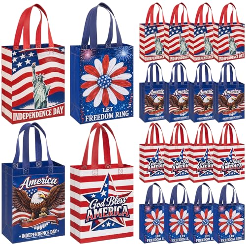 Wesnoy 24 Pcs 4th of July Gift Bags with Handles, Patriotic American Flag Goodie Treat Bags, Red White Blue Party Favor Bag for Independence Day, Memorial Day and Summer Events, 10 x 8 x 4 Inch