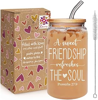 A Sweet Friendship Refreshes The Soul Christian Gifts for Women, Friendship Gifts for Women Sister Friends, Bible Verses Glass Cups Tumbler Cups W Lids Straws, Inspirational Religious Birthday Cup