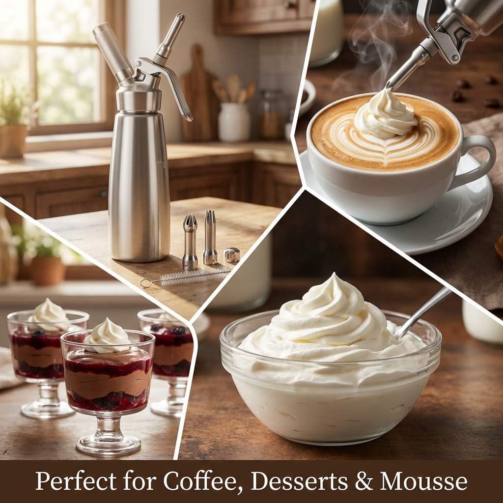 QWORK 500ml/1 Pint Stainless Steel Whipped Cream Dispenser – 18/8 304 Seamless Cream Whipper, with 3 Stainless Steel Decorating Tips (N2O Chargers Not Included)