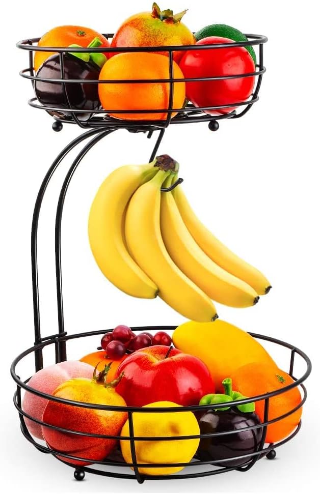 Cesta de frutas de 2 pisos con soporte para plátanos, de pie, cocina diaria, moderno frutero, práctico frutero de metal, color negro