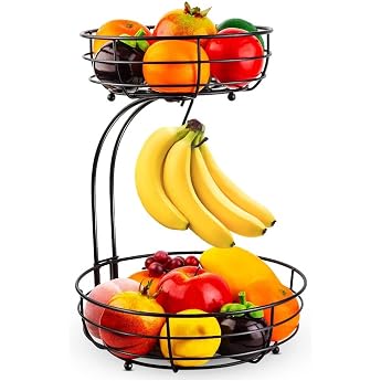 2-Tier Fruit Basket with Banana Holder Standing Daily Kitchen Modern Fruit Bowl Practical Fruit Baskets Vegetable Basket Made of Metal Black