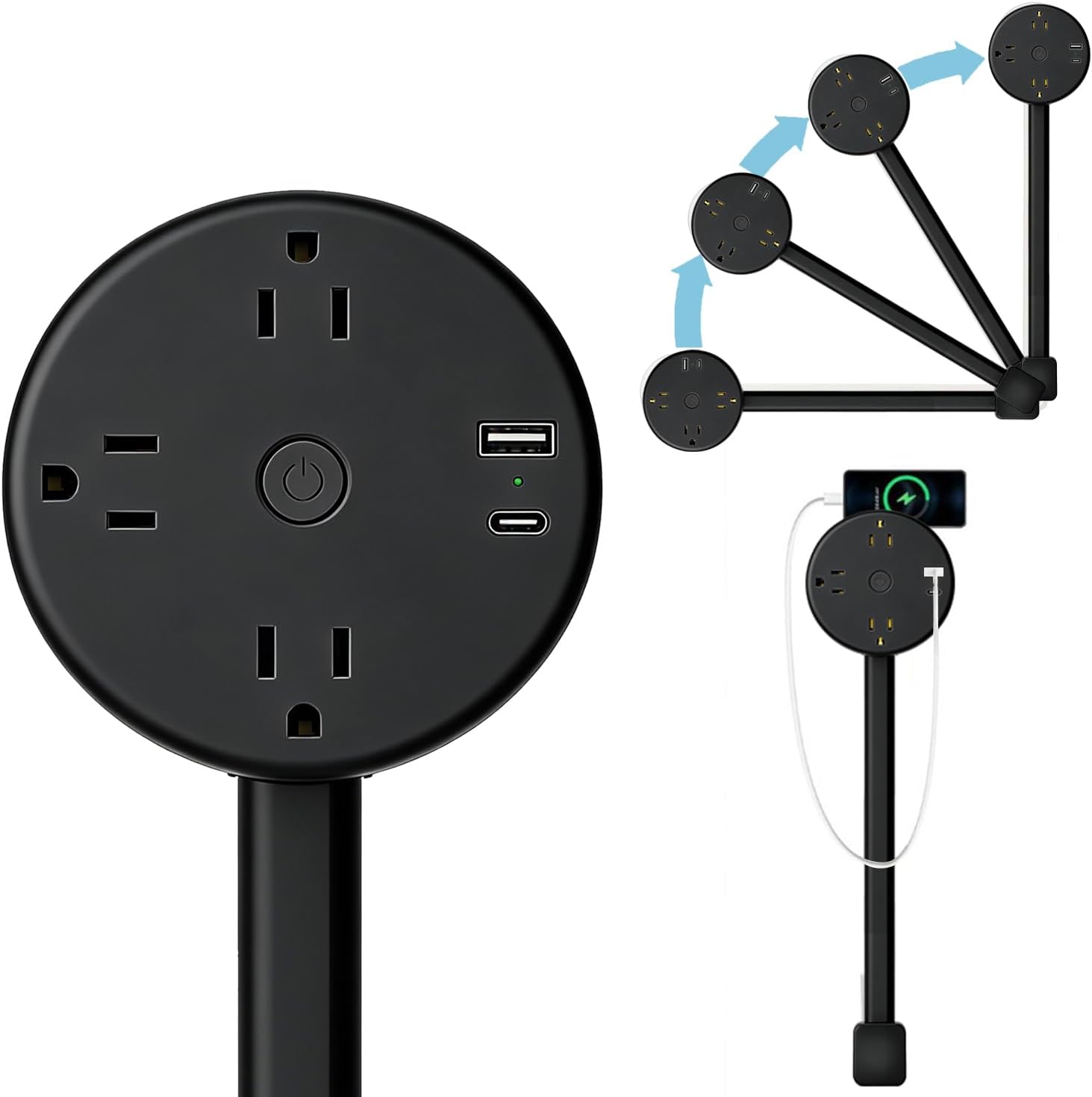Electrical Outlet Extender,Power Socket Expander Features USB-A, USB-C, and 3 AC,Outlet Extender Stick Extends 18.5"-26.4", Rotates 180°, Use Behind Couches,Nightstands,Desks,More