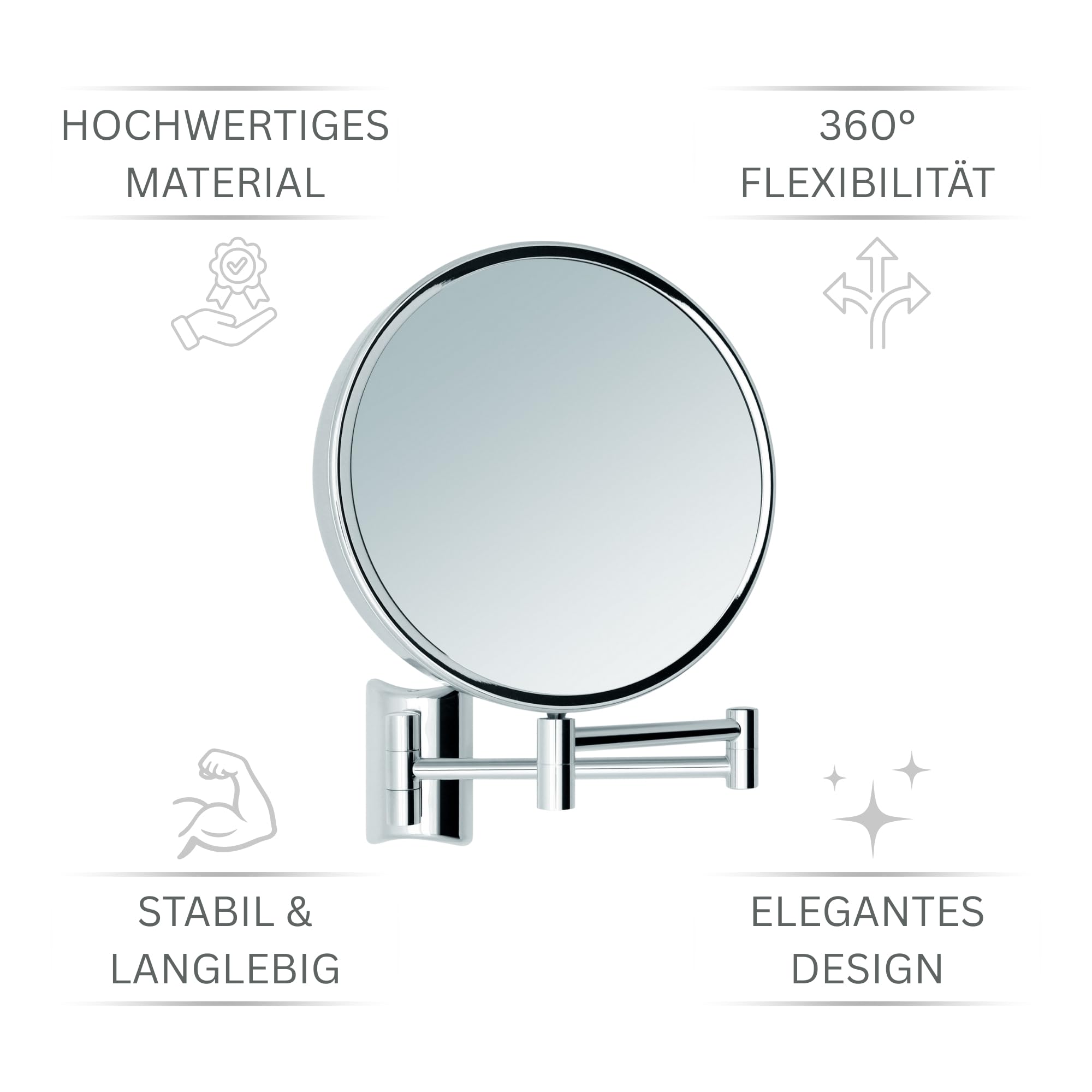 Kosmetikspiegel Imola – 360° drehbarer Schminkspiegel mit Wandmontage – doppelseitiger Rasierspiegel mit 3X & 7X Vergrößerung – ausziehbarer Badspiegel aus verchromtem Metall, Ø 19 cm
