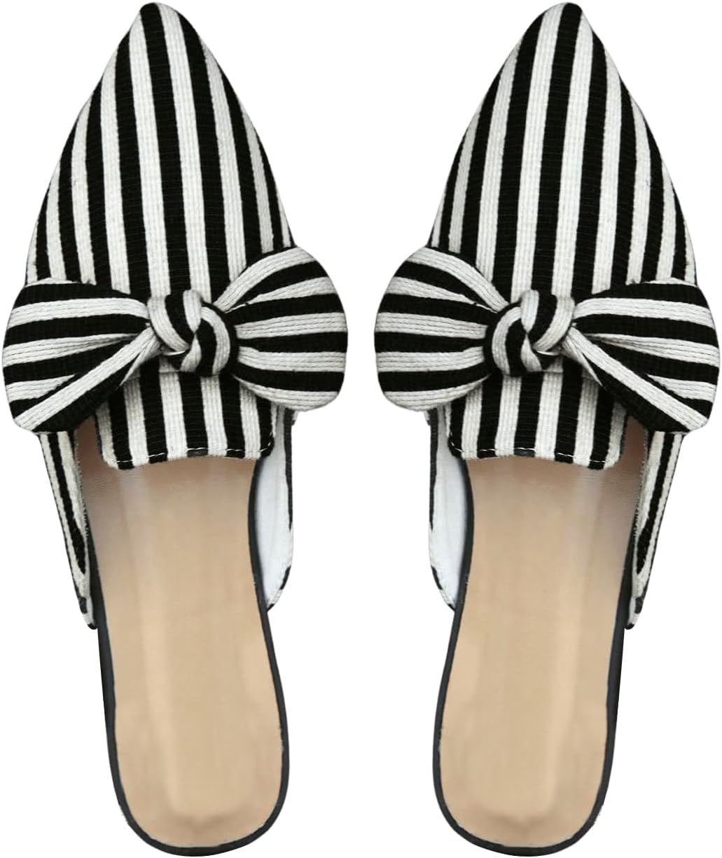 BEAUDRM Women's Bow Mules Dressy Pointed Toe Flat Shoes Backless Loafers Slide Sandals Casual Slides Work Shoes