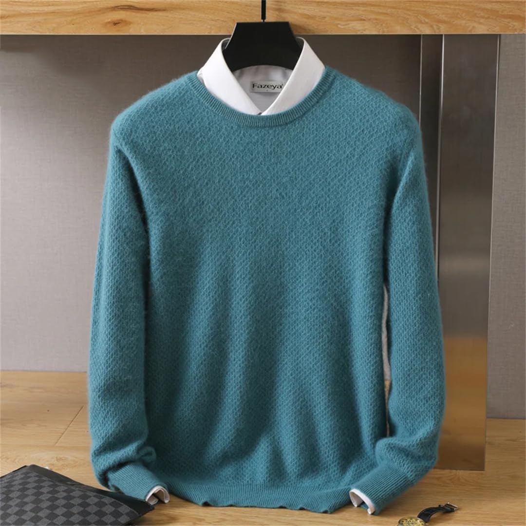 Men's Crewneck Big Rice Grain Pattern Mink Sweater Loose Knit Shirt Solid Color Long-Sleeved Pullover