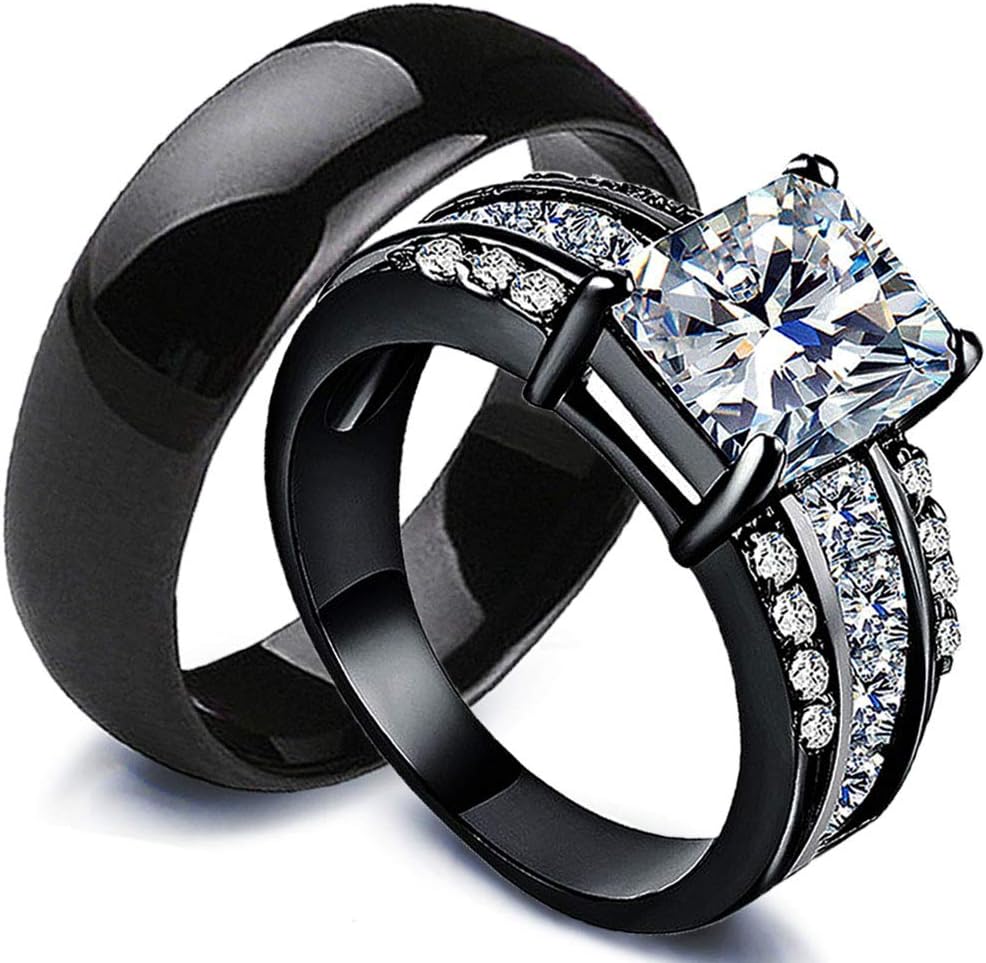 AJZYX Couple Rings Bridal Set His Hers Square Cubic Zirconia CZ Rings for Women & Ceramic Ring for Men Wedding Ring Sets Black Gold Plated Size 6-10