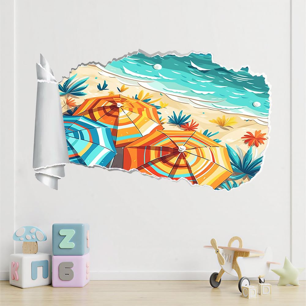 3D Wandtattoo I Wandbild Strand Wandaufkleber I Wandsticker Durchbruch Landschaft Poster Fensterblick I Wand Deko Aufkleber für Wohnzimmer Schlafzimmer Türaufkleber
